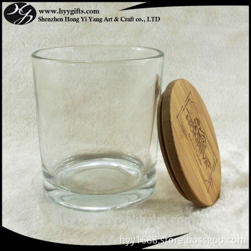clear glass candle holder with bamboo lid with engraved logo